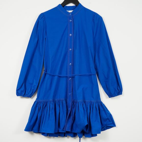 Zara Cobalt Blue Mini Dress Sz S Balloon Sleeves Tiered Ruffle - Picture 8 of 15